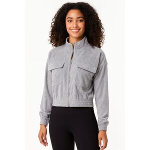 Aerie Corduroy Velour Cropped Zip Up Jacket Light Gray Soft Stretch Women’s M